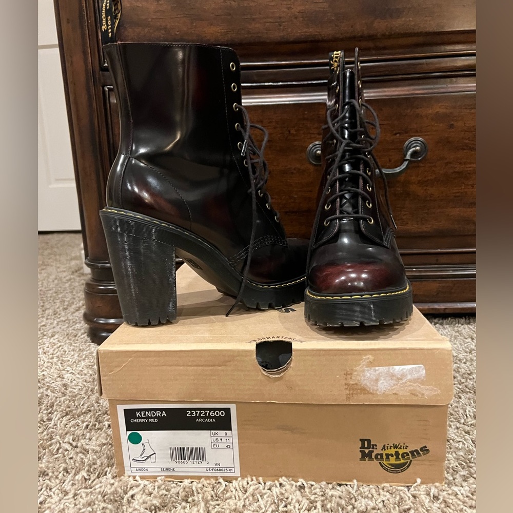 Dr. Martens heeled combat boot; Size 11. Cherry red.